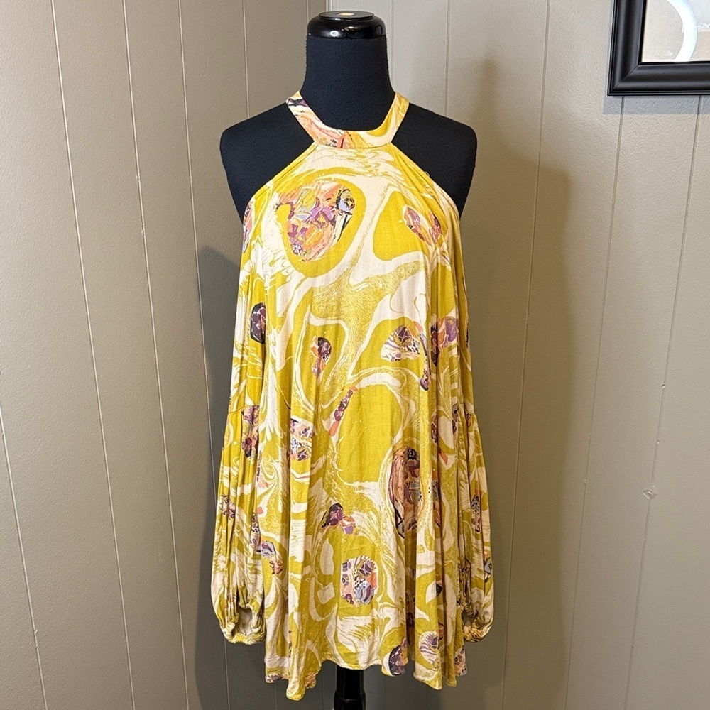 Free People Women’s Large Yellow and Purple Patterned Halter Dress
